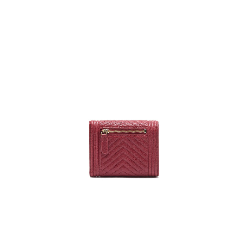Chanel Caviar Chevron Quilted Boy Compact Wallet Red