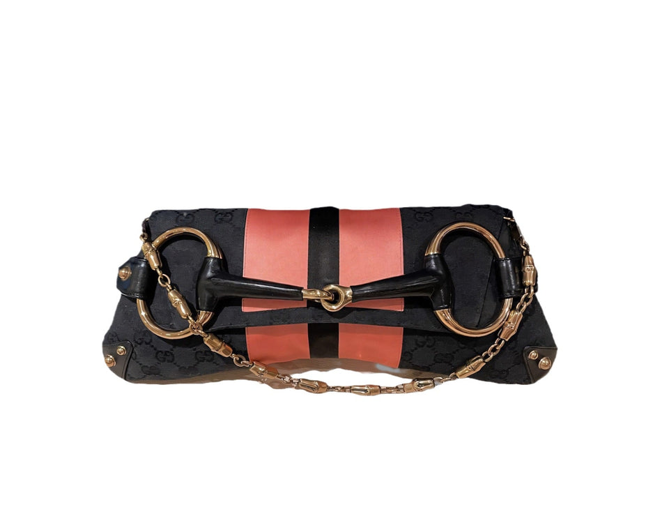 Gucci Horsebit 1955 Chain Large Shoulder Bag Black Monogram with Pink Silk