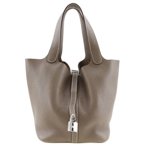Hermes Handbag Taurillon Clemence SilverMetal Pico Tan Lock MM Women