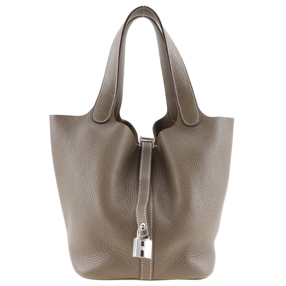 Hermes Handbag Taurillon Clemence SilverMetal Pico Tan Lock MM Women