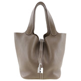 Hermes Handbag Taurillon Clemence SilverMetal Pico Tan Lock MM Women