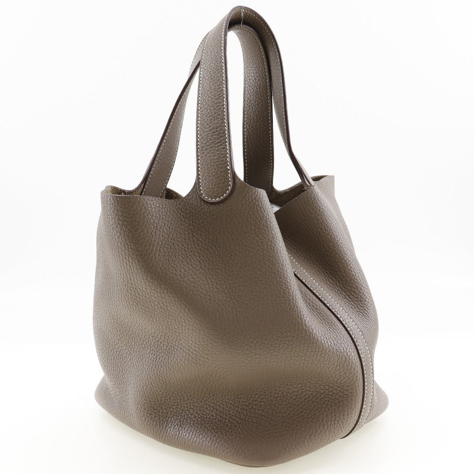 Hermes Handbag Taurillon Clemence SilverMetal Pico Tan Lock MM Women