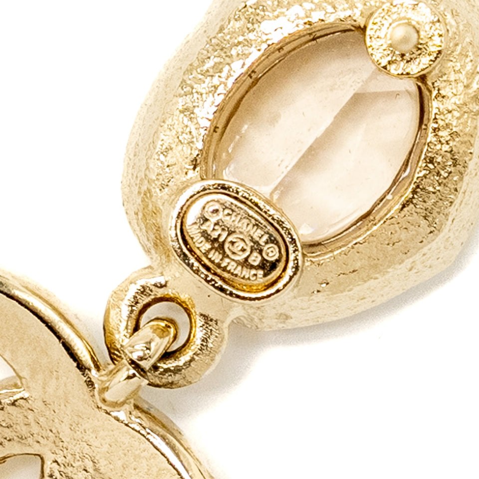 Chanel Pearl CC Logo Drop Earrings Crystal Light Gold Tone