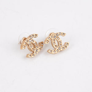Chanel CC Logo Rhinestone Gold Earrings Costume Jewellery