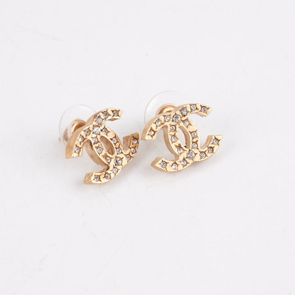 Chanel CC Logo Rhinestone Gold Earrings Costume Jewellery