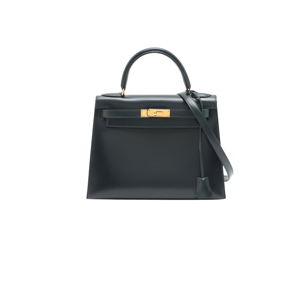 Hermes Kelly 28   Box Calf Blue Indigo - Stamp Square A 1997