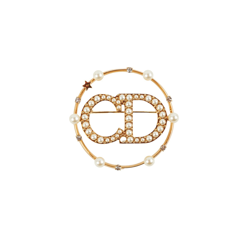 Christian Dior CD Gold Rhinestone Pearl Brooch Costume Jewellery