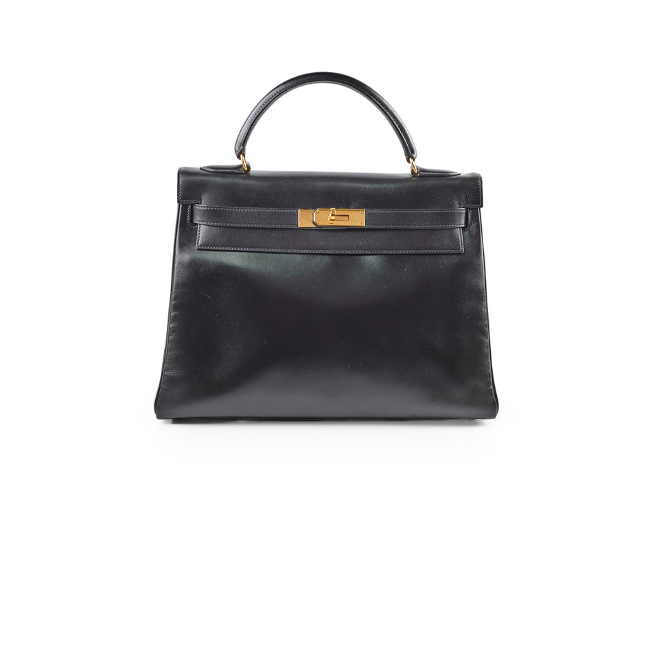 Hermes Kelly 32 Black Box Leather Circle V Stamp