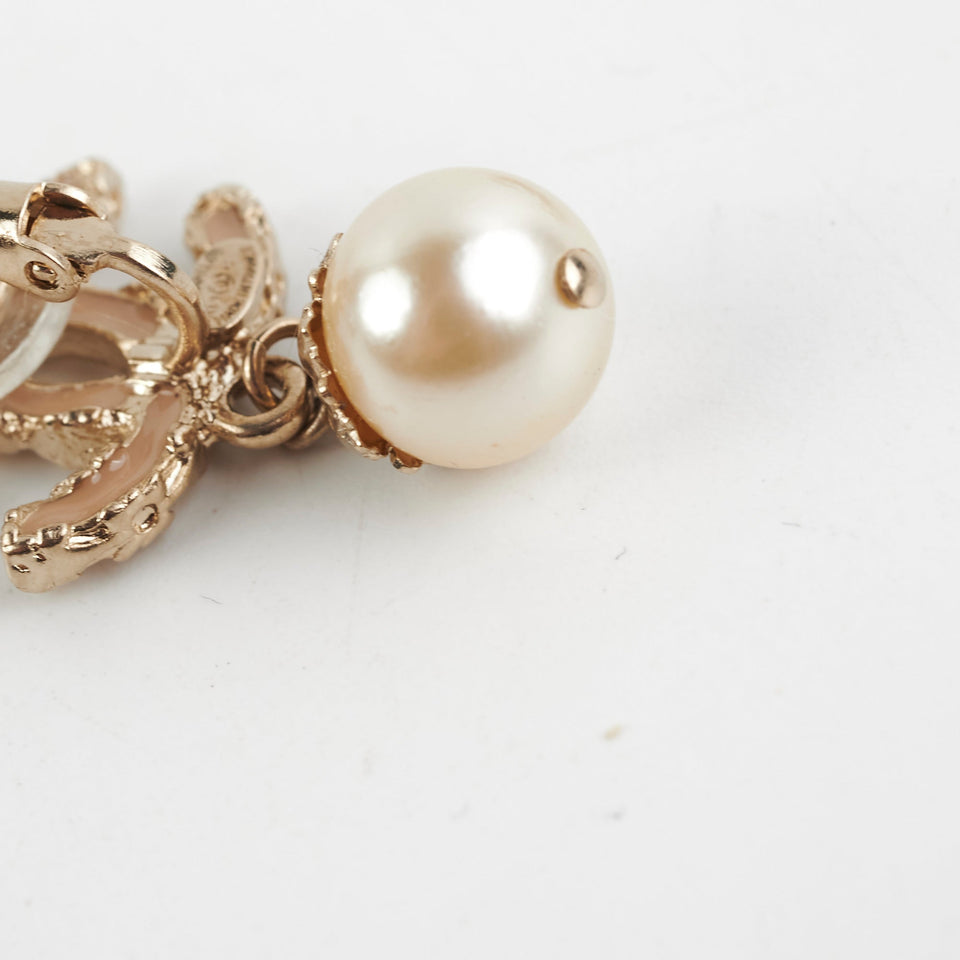Chanel Coco Logo Clip On Pink Rhinestone Pearl Drop Earrings Costume Jewellery