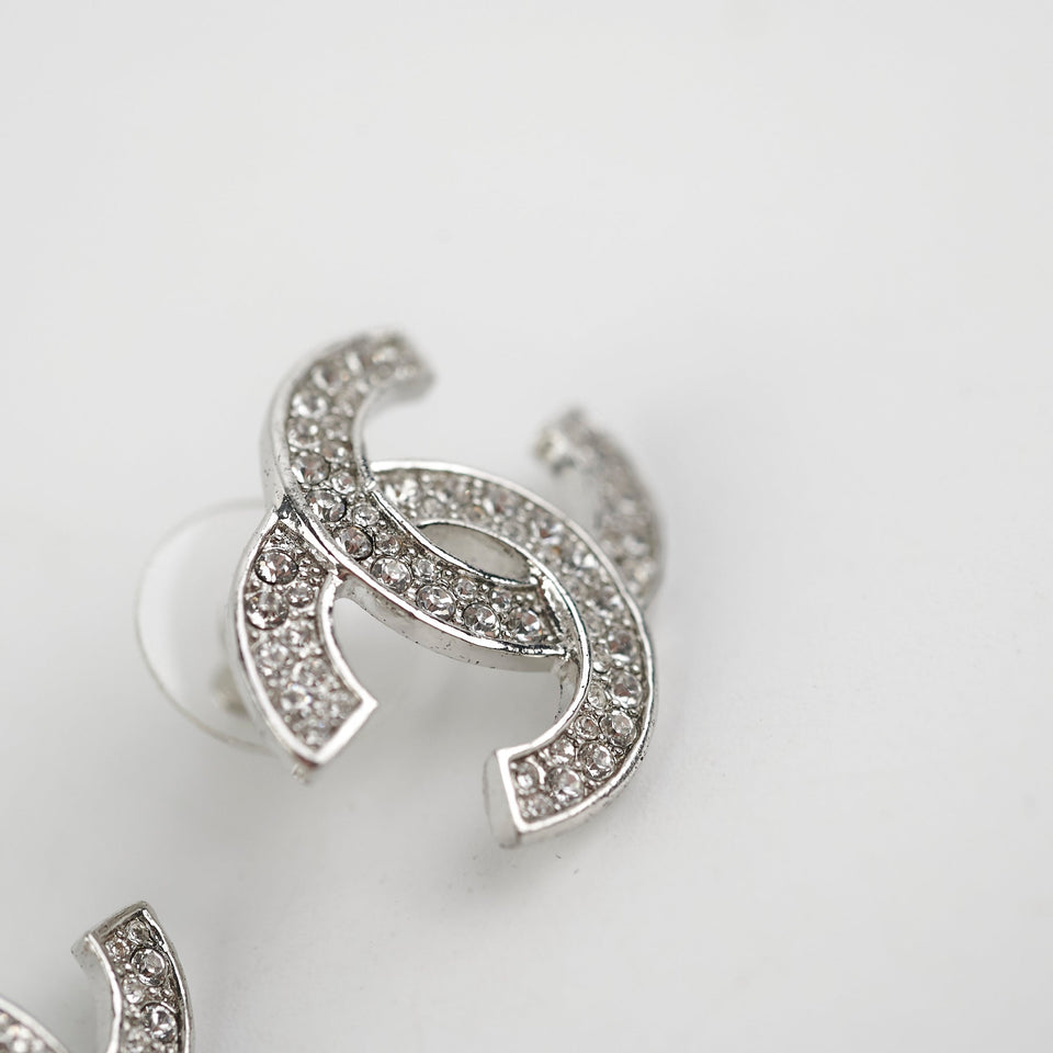Chanel Silver Rhinestone CC Logo Earrings Costume Jewellery