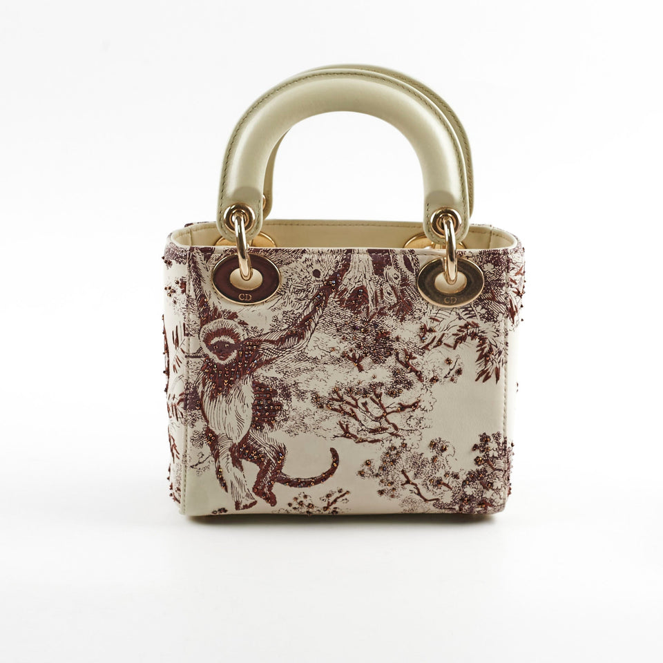 Christian Dior Mini Lady Dior Calfskin Limited Edition Embroidered Bag Ivory/Burgundy