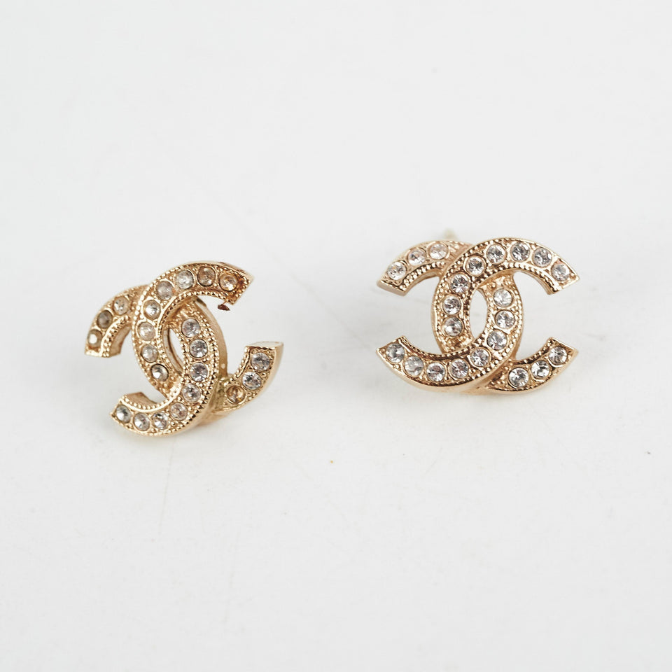 Chanel Mini CC Logo Rhinestone Gold Earrings Costume Jewellery