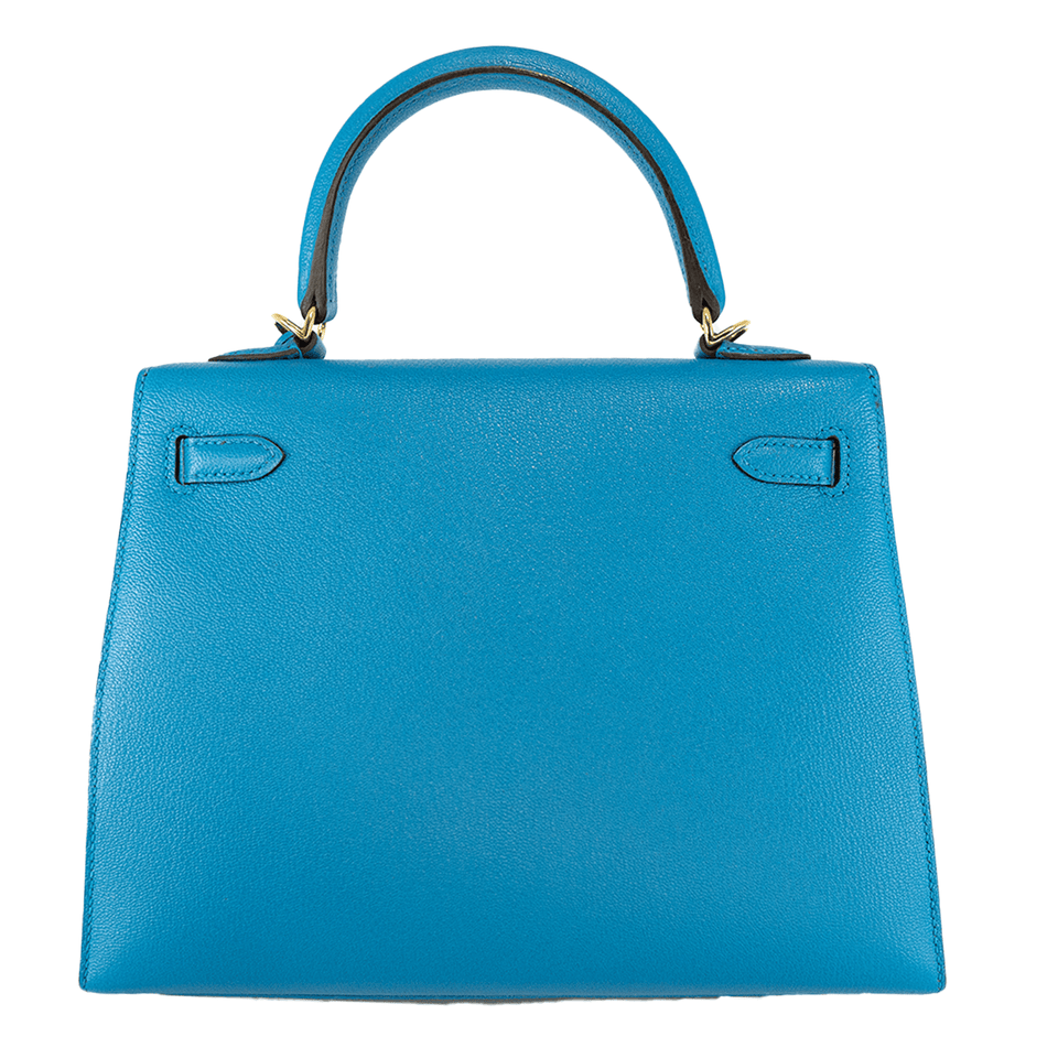 Hermes 25cm Turquoise Blue Chevre Kelly w/ Gold Hardware