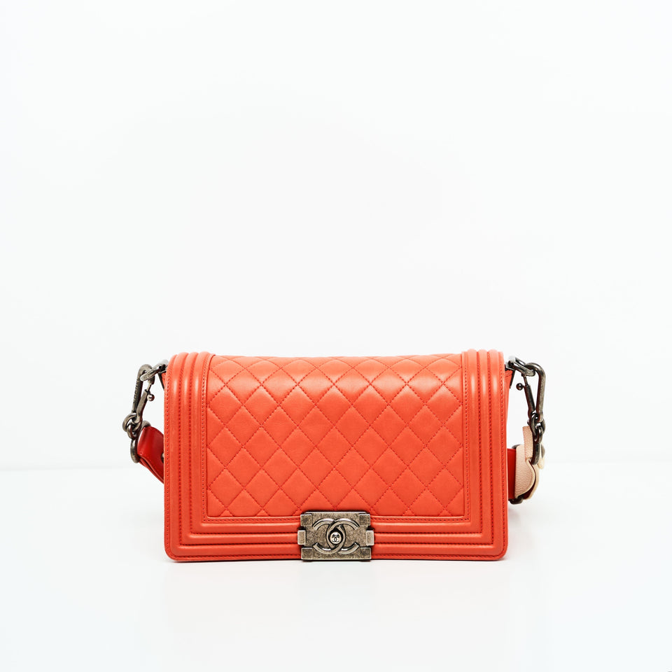Chanel Boy Lambskin with Adjustable Strap in Orange