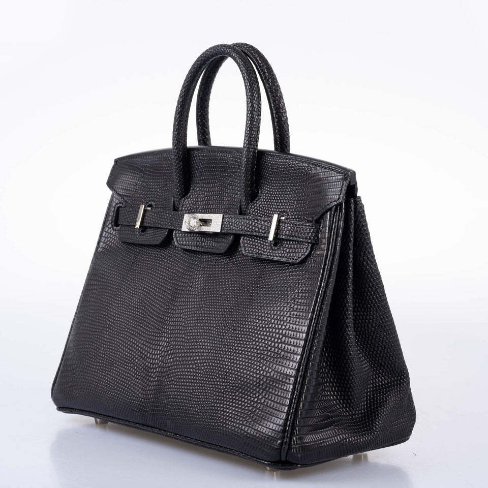Vintage Hermes Birkin 25 Black Salvator Lizard With Jacob & Co. White Gold & Diamond Hardware - 2009, Square M
