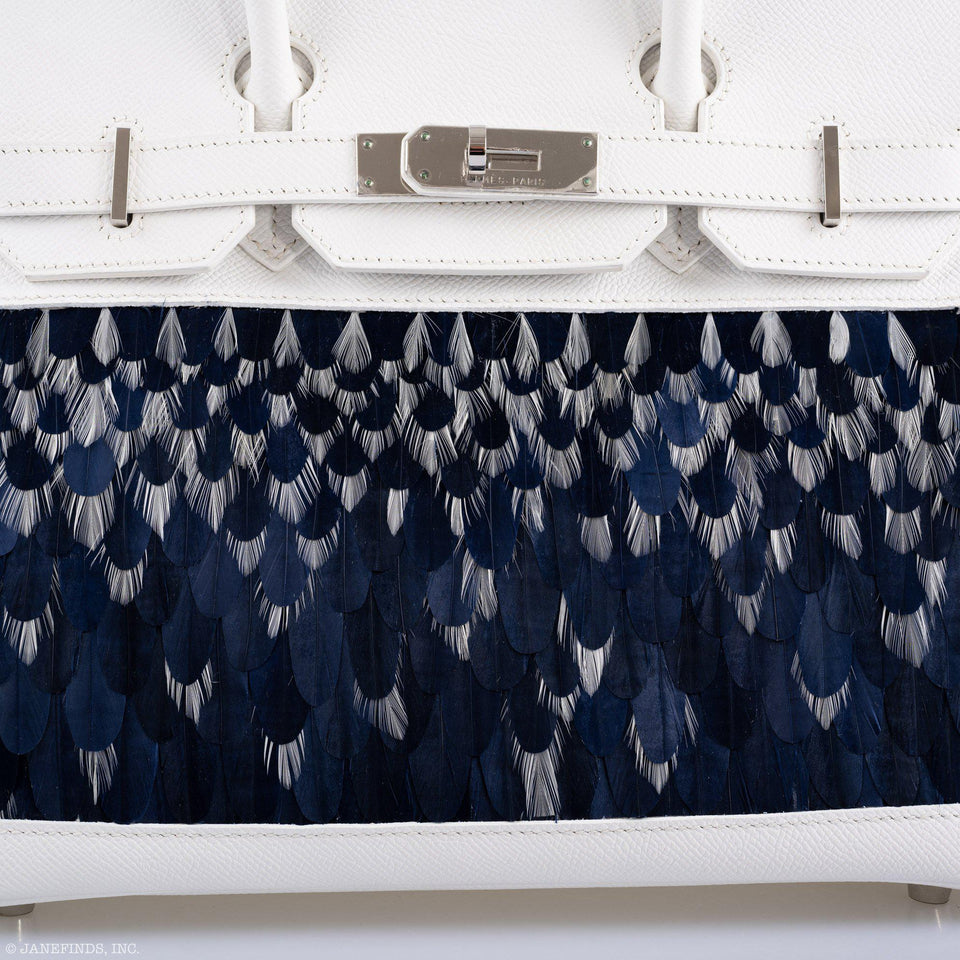 Vintage Hermes Birkin 30 White Epsom with Custom Feather Panel & Palladium Hardware - 2010, N Square