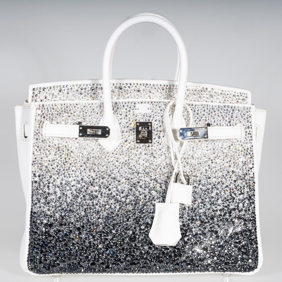 Vintage Hermes Custom Swarovski Crystal Birkin 25 White Epsom Palladium