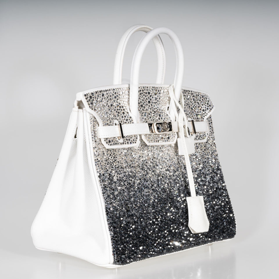 Vintage Hermes Custom Swarovski Crystal Birkin 25 White Epsom Palladium