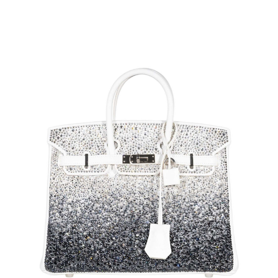 Vintage Hermes Custom Swarovski Crystal Birkin 25 White Epsom Palladium
