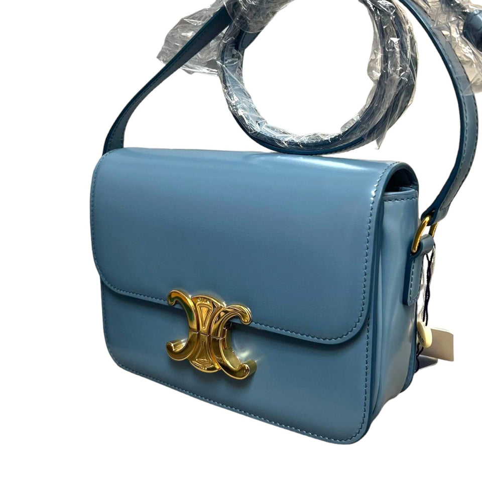 Triomphe Shoulder Bag Shiny Calfskin Light Blue GHW