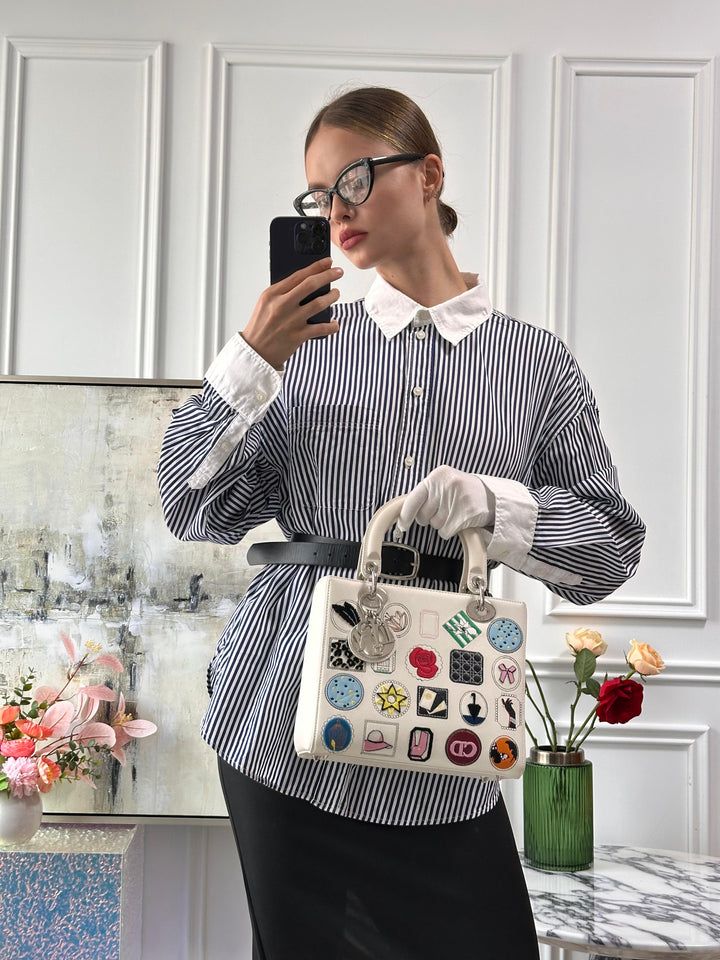 Christian Dior White Leather Lady Dior Bag Patch Embellished Medium