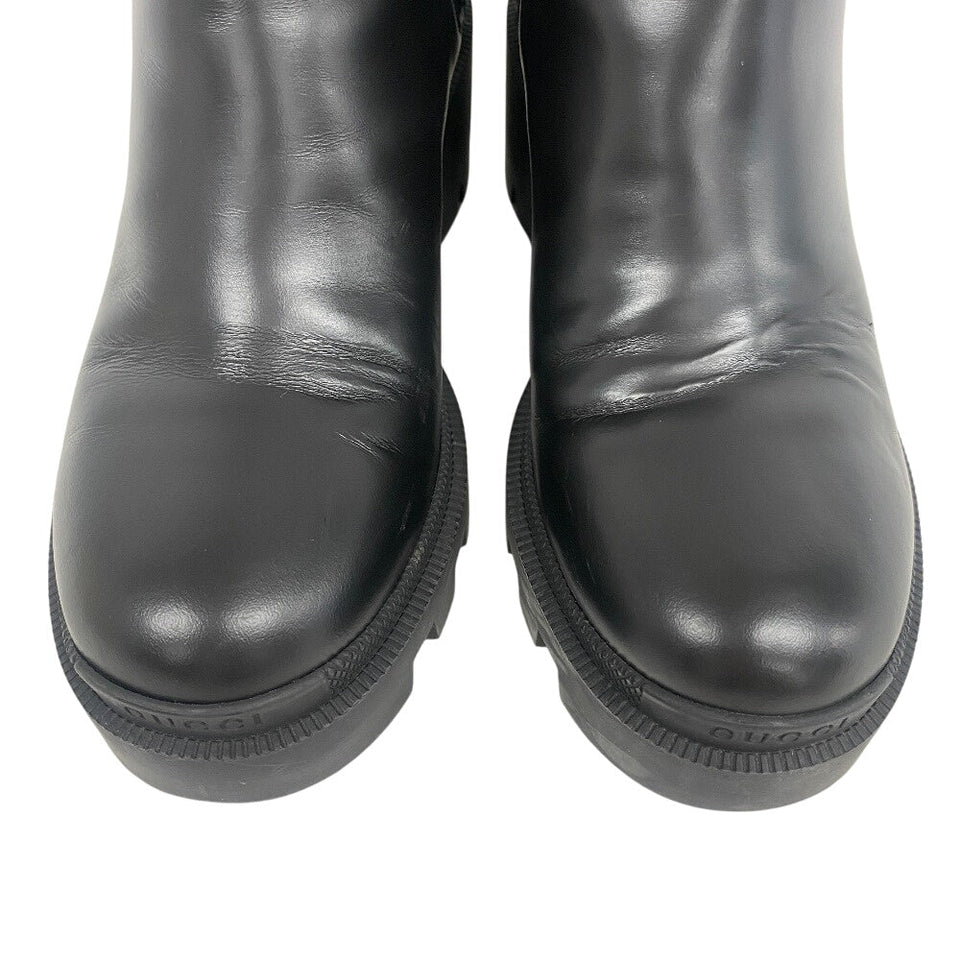 Gucci boots 550036 leather black Side gore boots GG Marmont Velcro Strap Jewel Women 37