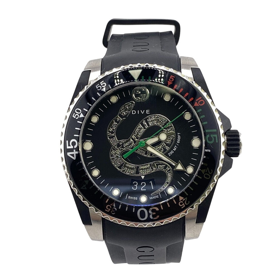 Gucci Watches Quartz Stainless steel, rubber black Snake Black Dial 3 hands, date, working condition DIVE 136.3 black dial mens