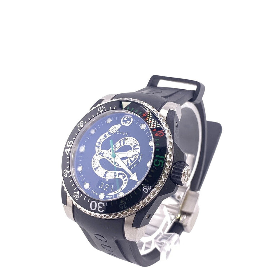 Gucci Watches Quartz Stainless steel, rubber black Snake Black Dial 3 hands, date, working condition DIVE 136.3 black dial mens