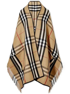 Luxury Burberry ExaGGerated Check Wool Cashmere Cape Archive Beig