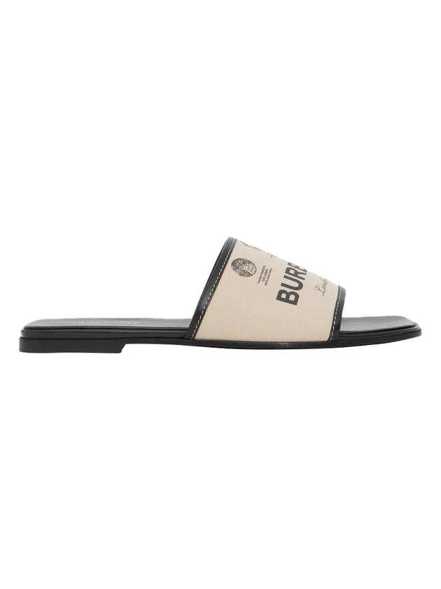 Luxury Burberry Label Print Gabardine Leather Slippers Beige