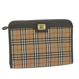 Luxury BurberrySs Nova Check Clutch Bag Nylon Canvas Beige Auth ac2673