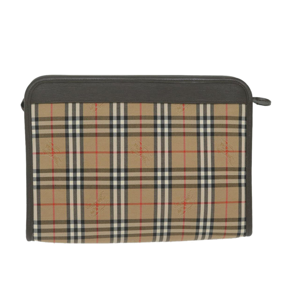 Luxury BurberrySs Nova Check Clutch Bag Nylon Canvas Beige Auth ac2673