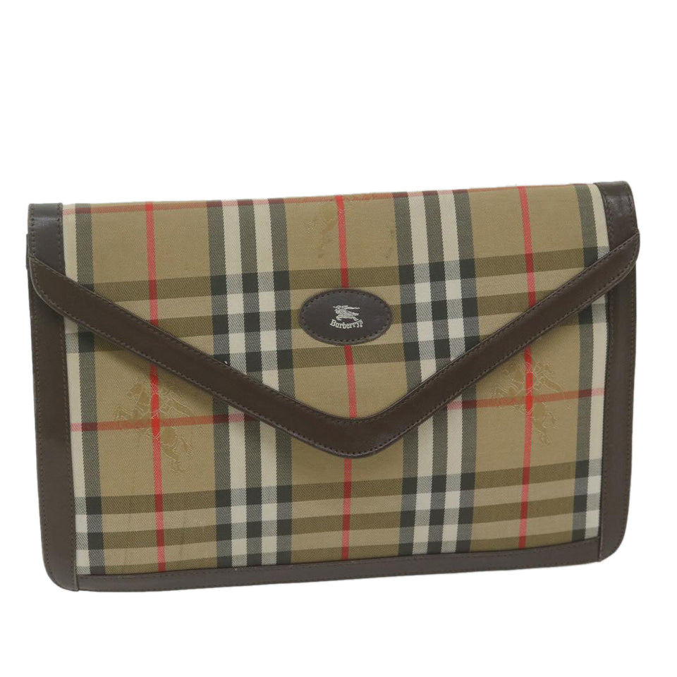 Luxury BurberrySs Nova Check Clutch Bag Nylon Canvas Beige Auth ac2675