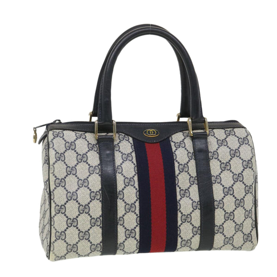 Gucci GG Canvas Sherry Line Hand Bag PVC Leather Gray Red Navy am3714