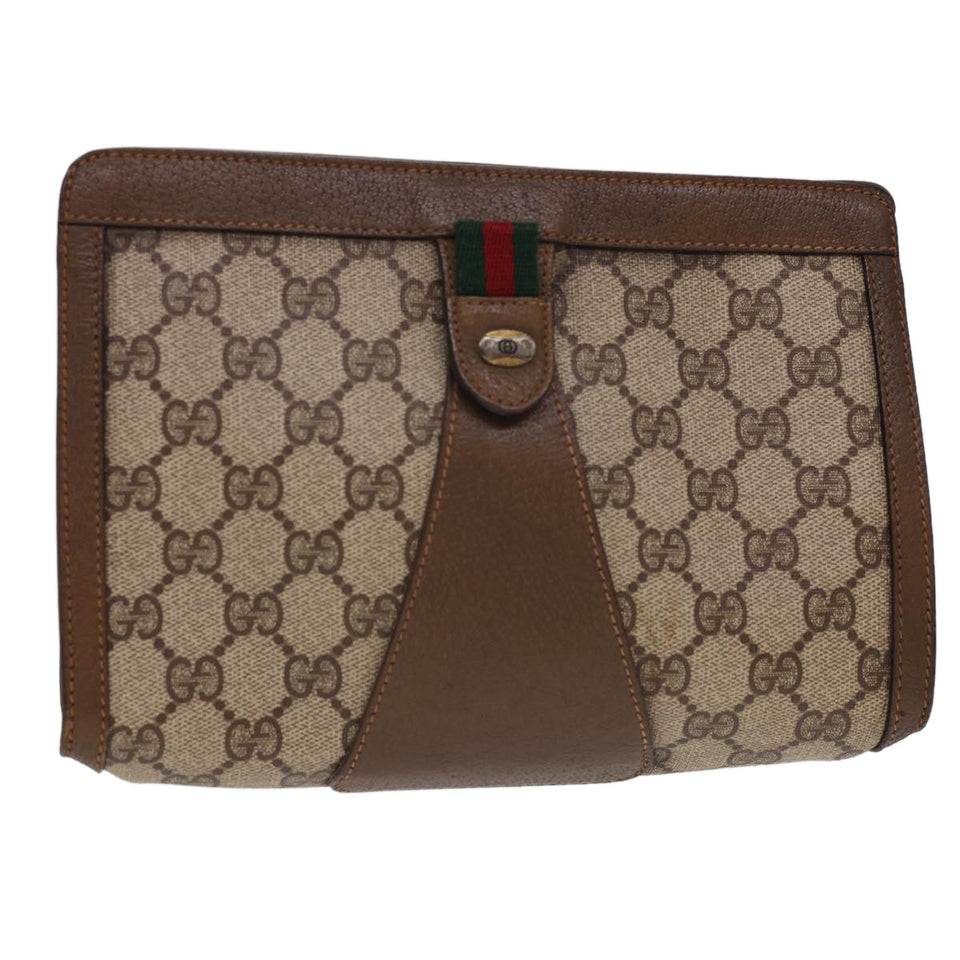 Gucci GG Canvas Web Sherry Line Clutch Bag PVC Leather Beige Red am4171