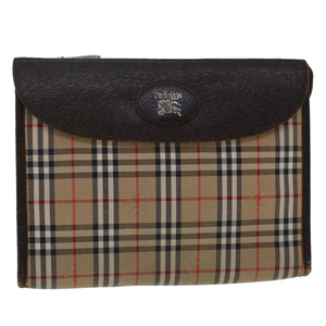 Luxury BurberrySs Nova Check Clutch Bag Nylon Leather Beige Auth am4674