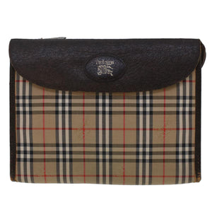 Luxury BurberrySs Nova Check Clutch Bag Nylon Leather Beige Auth am4674