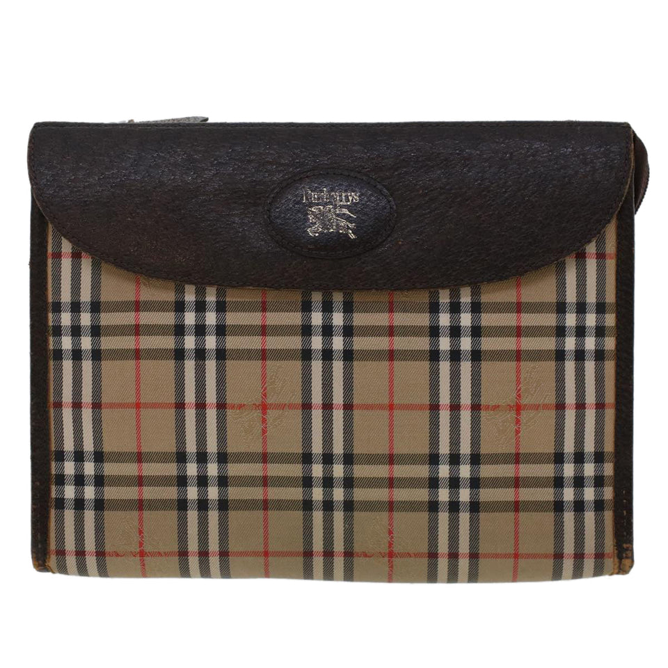 Luxury BurberrySs Nova Check Clutch Bag Nylon Leather Beige Auth am4674