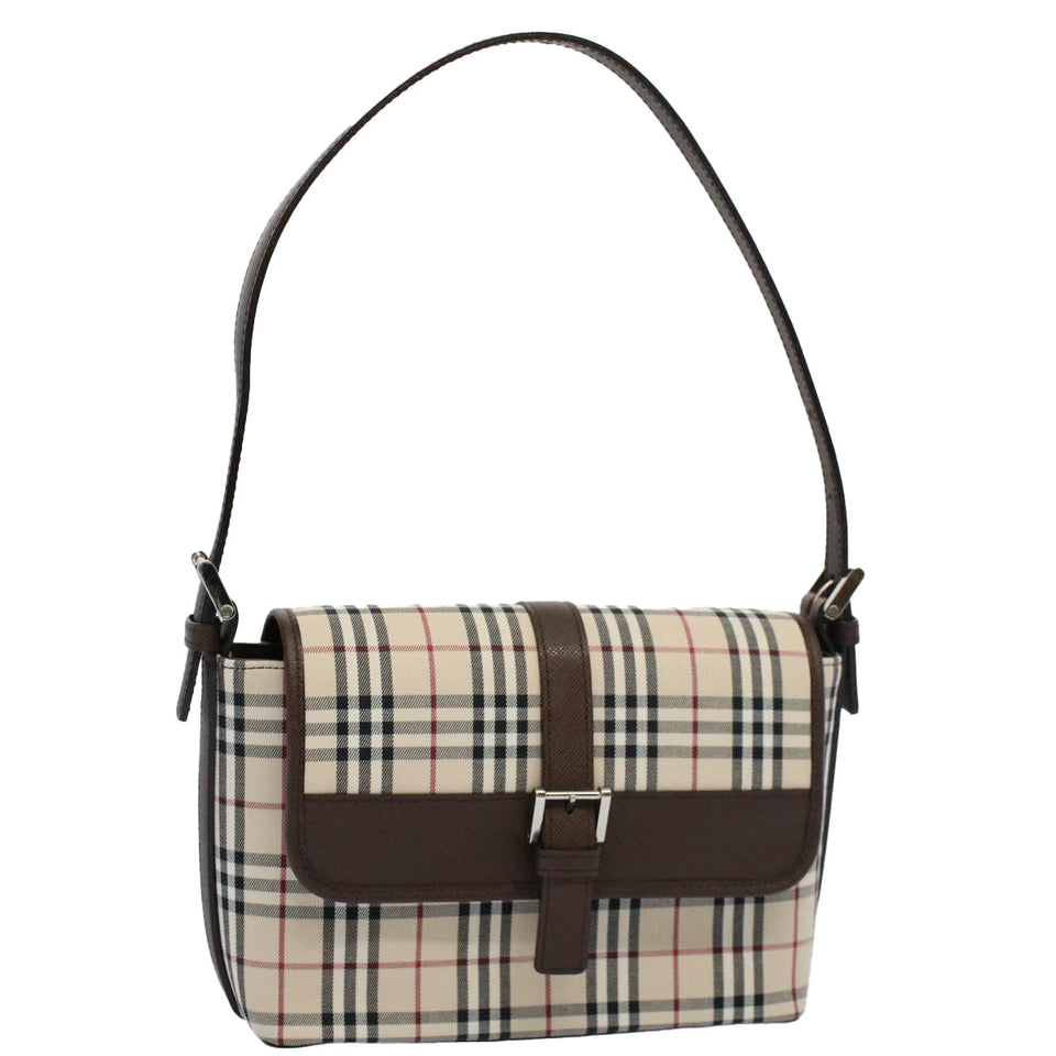 Luxury Burberry Nova Check Shoulder Bag Nylon Canvas Beige Auth am5185