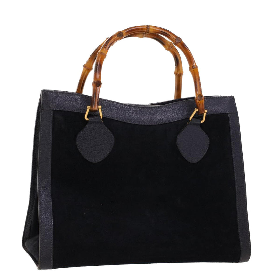 Gucci Bamboo Hand Bag Suede Navy Brown ar9457