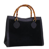 Gucci Bamboo Hand Bag Suede Navy Brown ar9457
