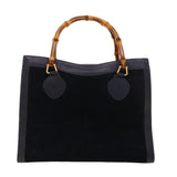 Gucci Bamboo Hand Bag Suede Navy Brown ar9457