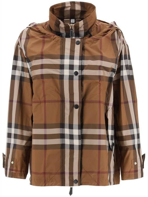 Luxury Burberry Check Off Shoulder Hooded Jacket Brown