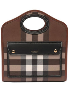 Luxury Burberry Mini Pocket Checked Leather Tote Bag Dark Burch Brown