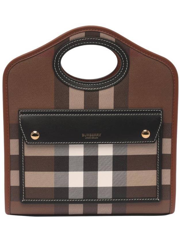 Luxury Burberry Mini Pocket Checked Leather Tote Bag Dark Burch Brown