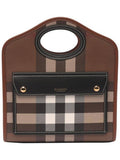 Luxury Burberry Mini Pocket Checked Leather Tote Bag Dark Burch Brown