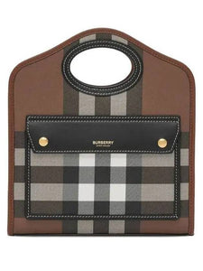 Luxury Burberry Mini Pocket Checked Leather Tote Bag Dark Burch Brown