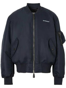 Luxury Burberry Men's Logo Print Nylon Bomber Jacket Smoke Navy