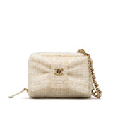 Chanel Coco Mark Ribbon Tweed Leather Chain Wallet Coin Case