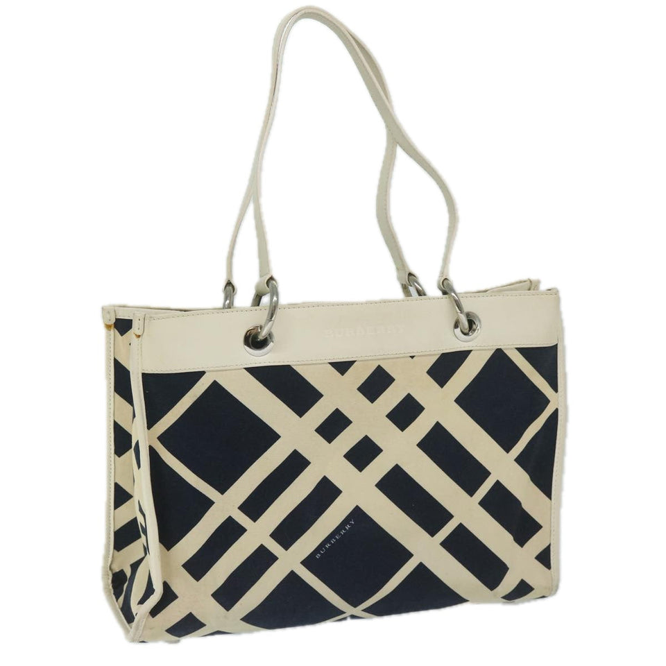 Luxury Burberry Tote Bag Canvas Navy White Auth bs11353